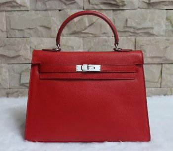 Hermes Luxury Kelly Cm Epsom Handbag Leather Red Travel Bag Red Silver