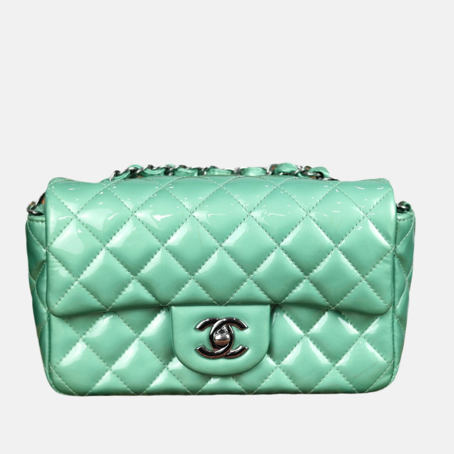 Chanel Classic Flap Rectangular Patent HW Green Silver Leather Mini Bag