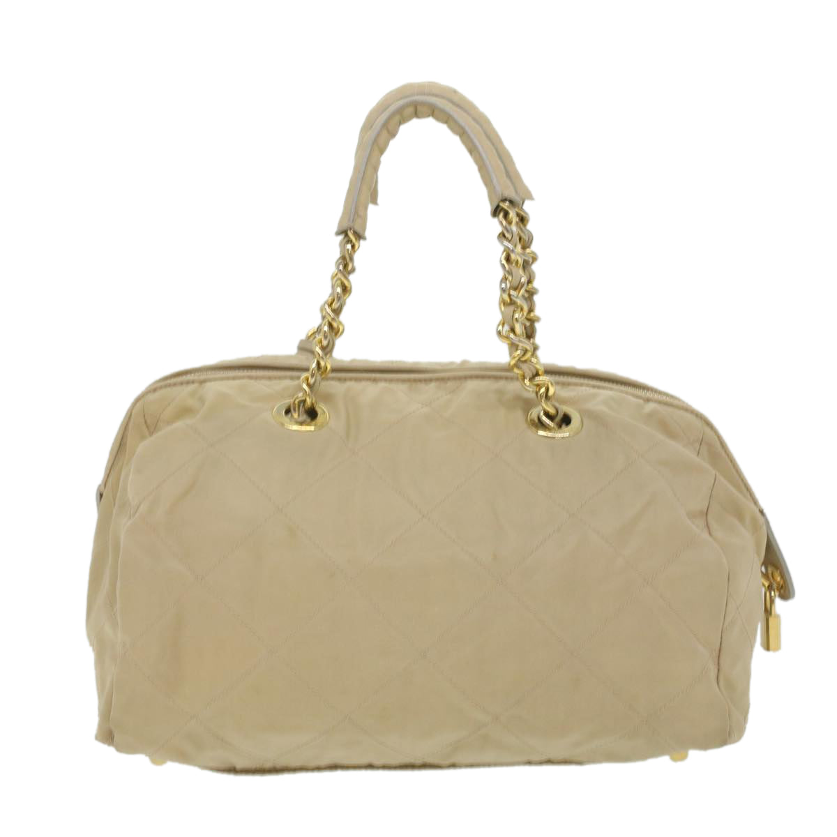 Prada Hand Bag Nylon Beige Chain Travel Bag