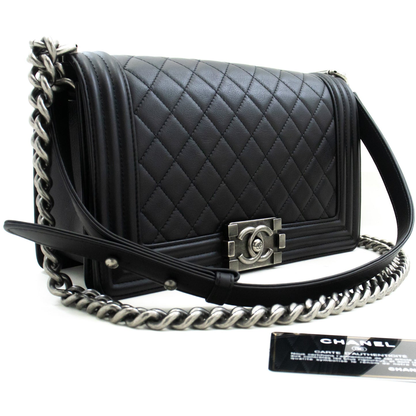 Chanel Boy Chain Shoulder Bag Black Quilted New Calfskin Leather