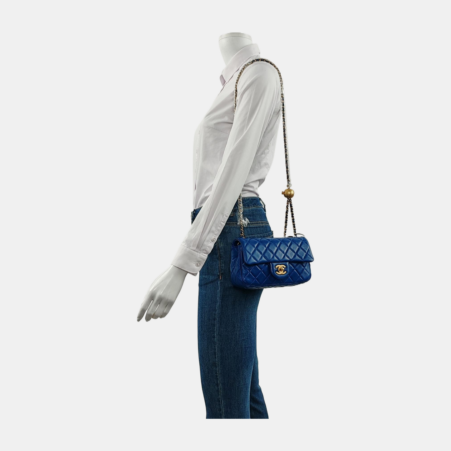Chanel Classic Flap Rectangular Lambskin Pearl Crush Blue Gold Mini Bag