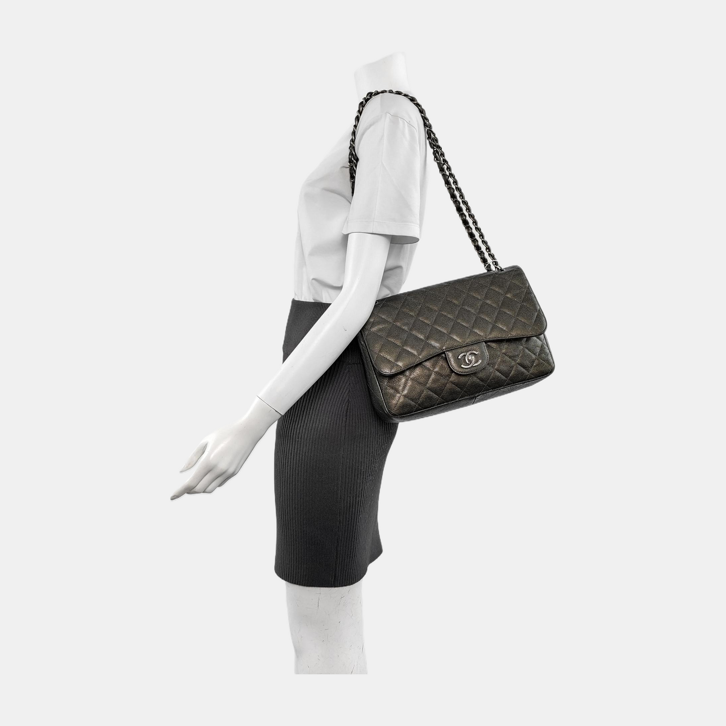 Chanel Classic Flap Jumbo Dark Caviar Double Green Silver Leather Handbag