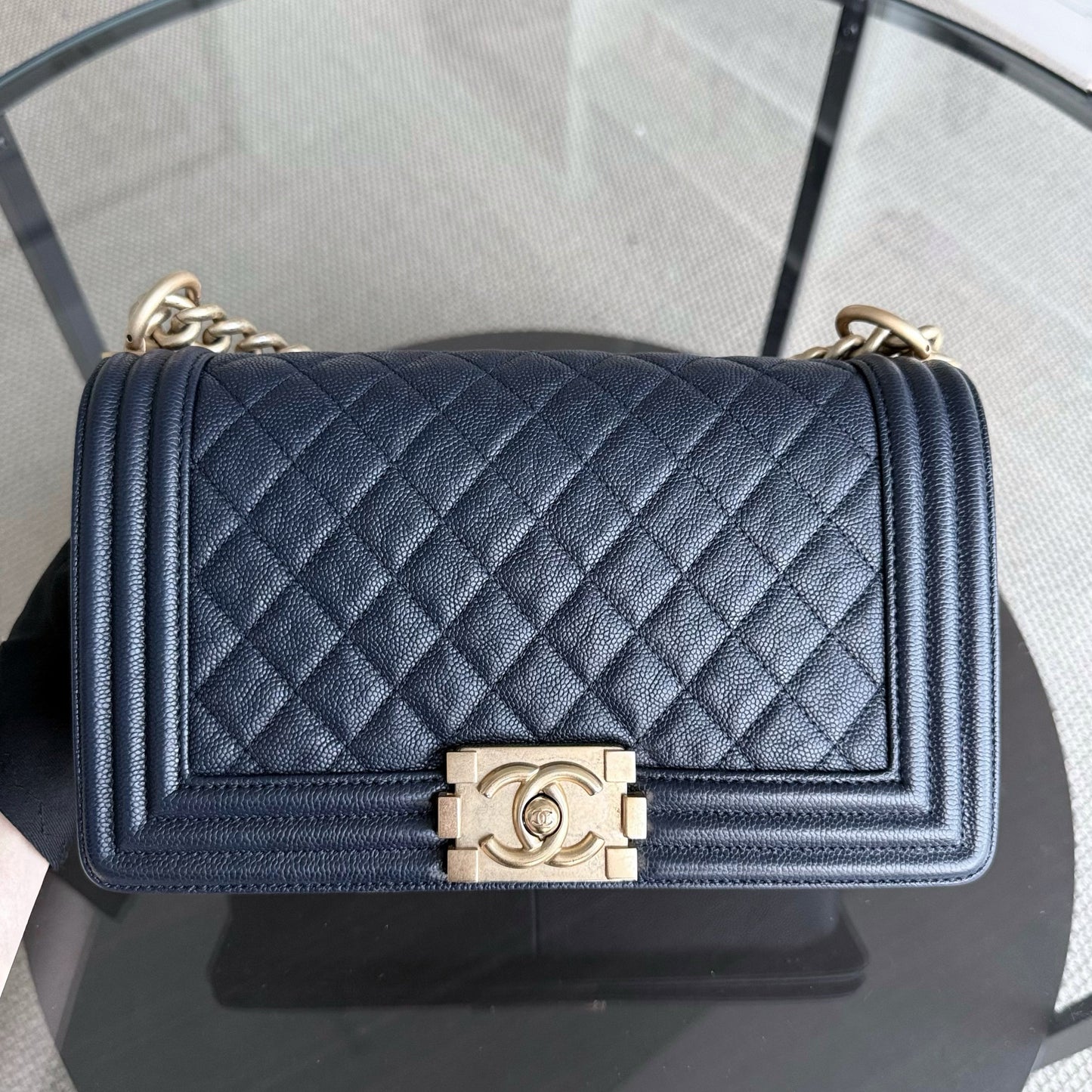 Chanel Boy Medium - Caviar 25CM Quilted Dark Blue Gold Hardware Series 25