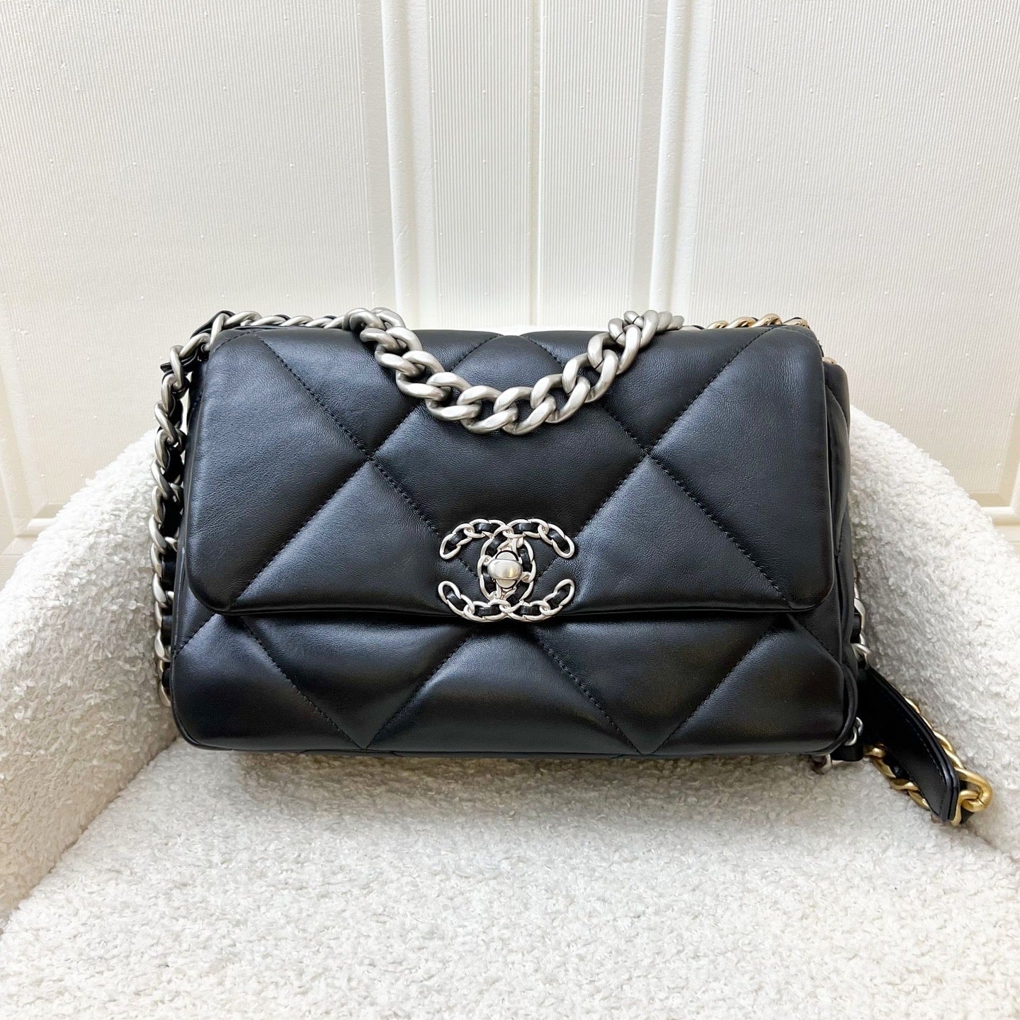 Chanel 19 Small Flap In Black Lambskin And 3-Tone Hardware, Silver Turnlock ( ) Bag