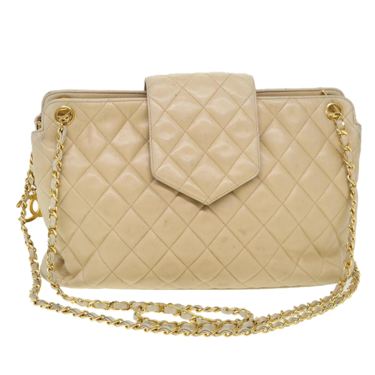Chanel Chain Shoulder Bag Lamb Skin Beige CC Auth