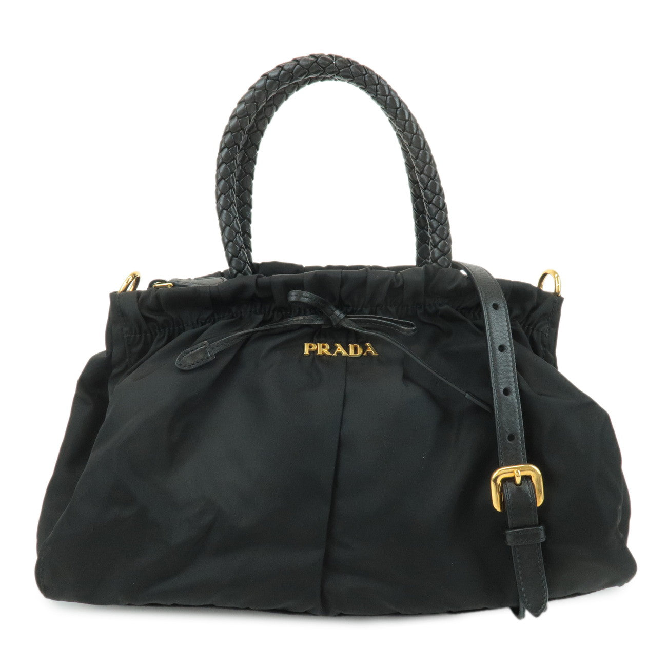 Shoulder Bag Ribbon 2Way Hand Bag d Leather Nylon Black