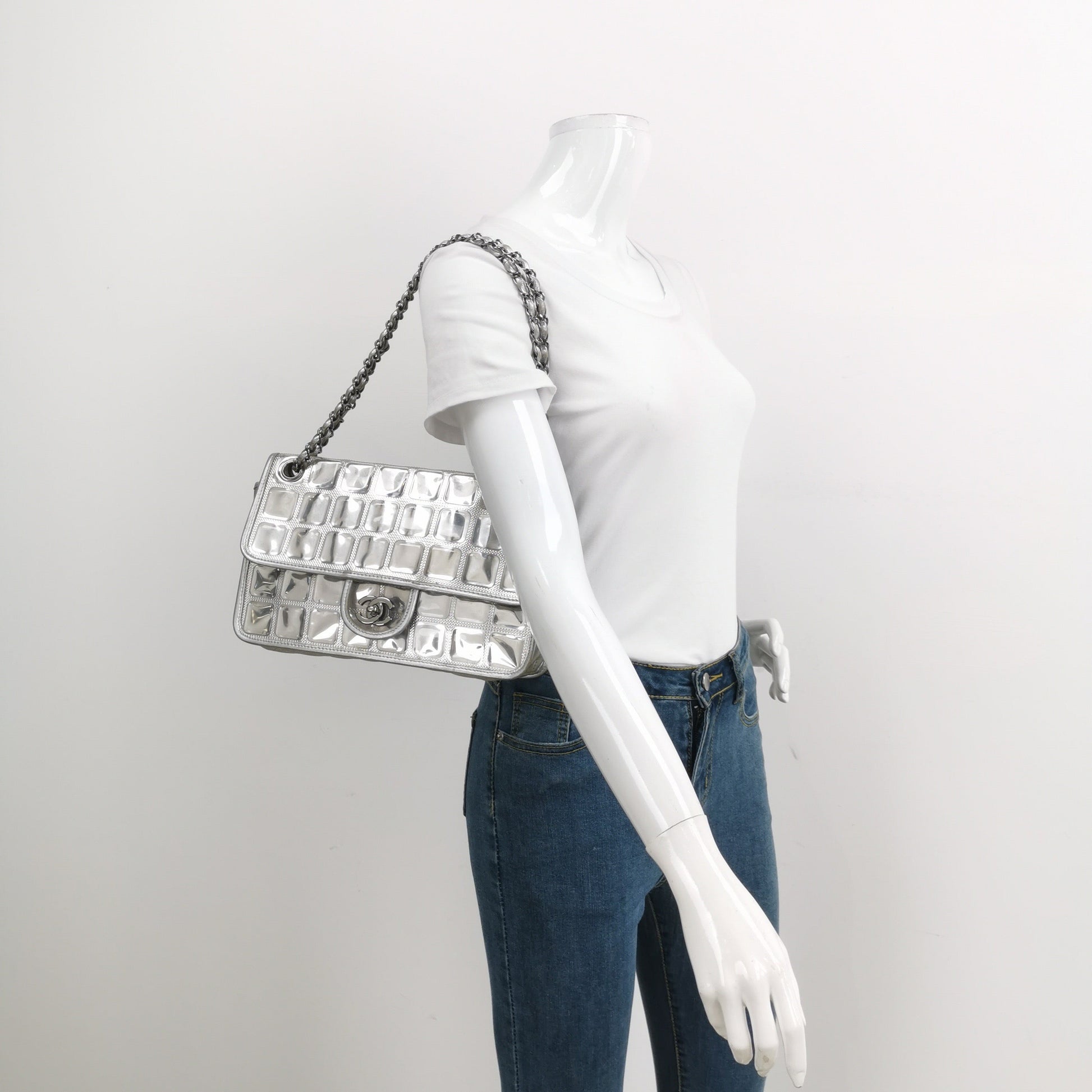 Chanel Ice Cube Chocolate Bar Classic Flap Silver Leather Handbag 5