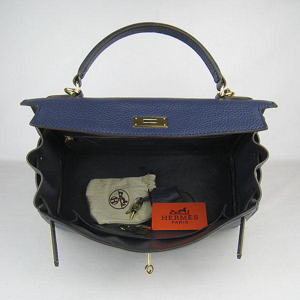 Hermes Luxury Kelly Cm Togo Dark Golden Handbag Leather Blue Travel Bag
