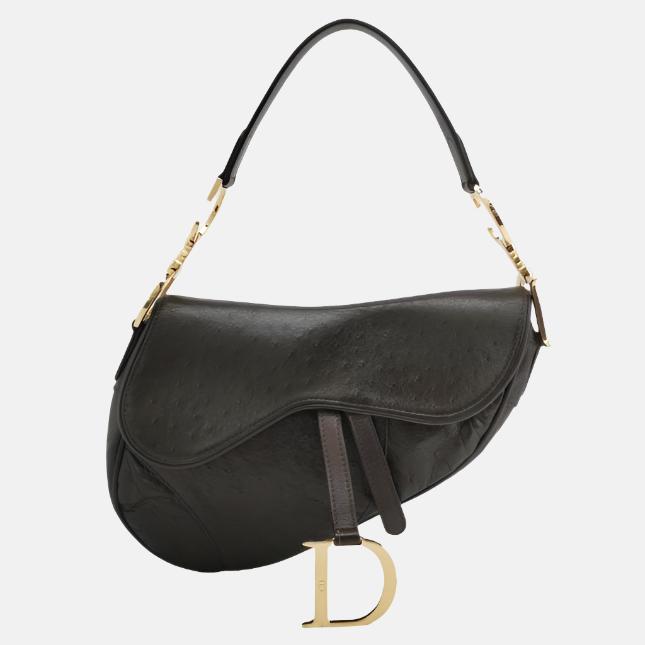 Dior Saddle Ostrich Dark Shoulder Bag Leather Brown