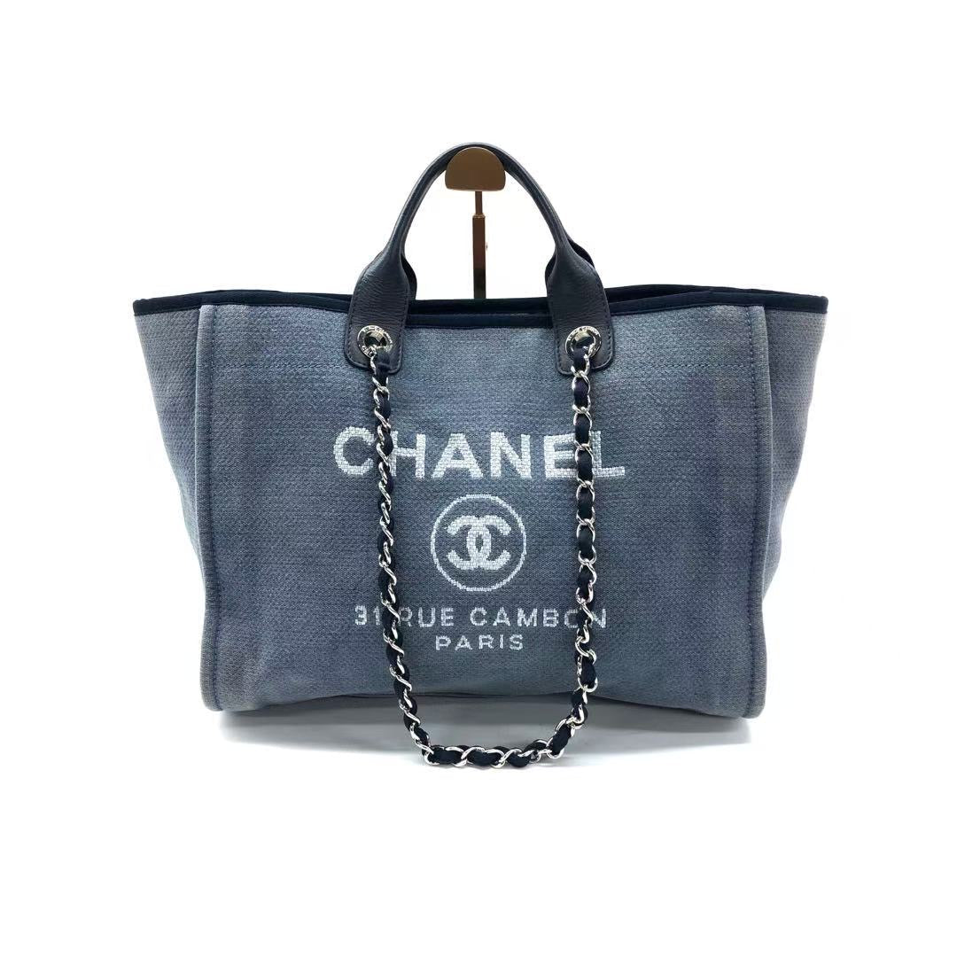 Chanel Deauville Navy Denim Top Handle Tote Bag