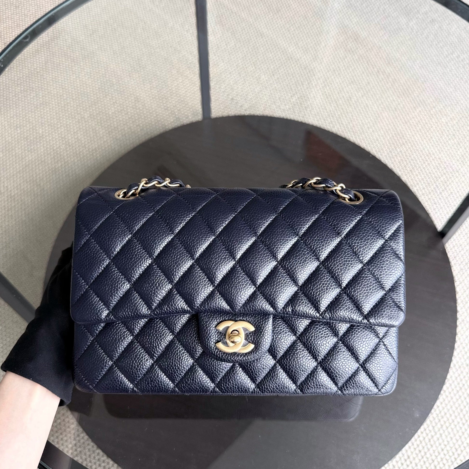 Chanel Classic Flap Medium - Caviar 25CM Quilted Grained Calfskin Dark Navy Midnight Blue Gold Hardware Series 21