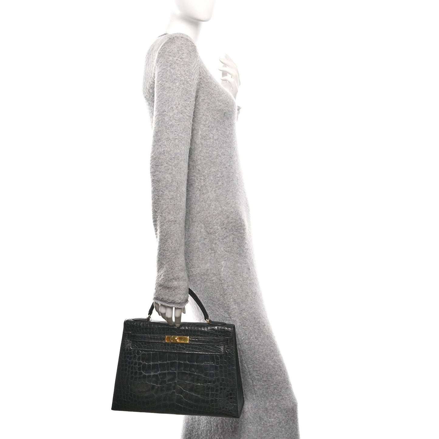 Hermes Shiny Alligator Kelly Sellier Handbag Black Travel Bag