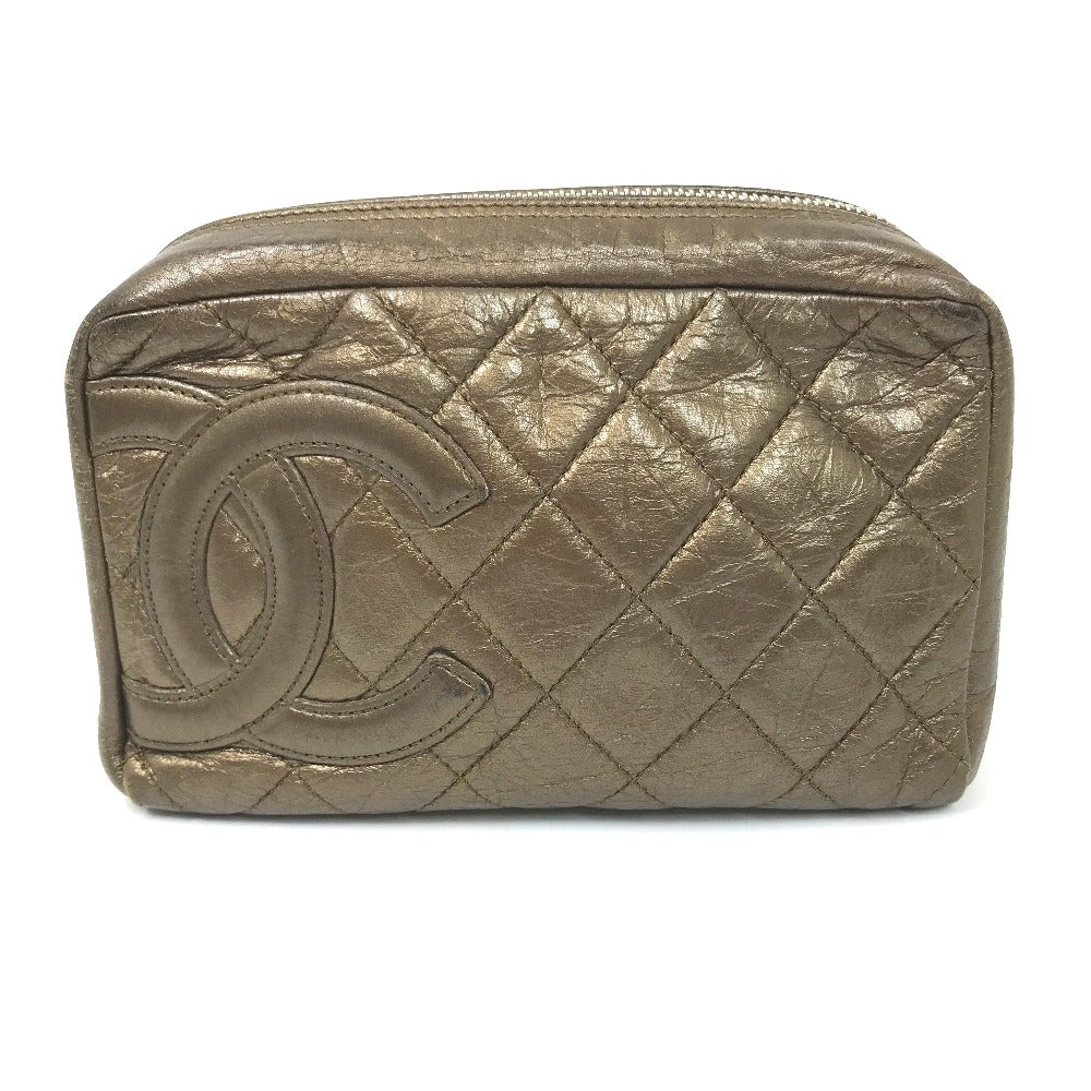 CHANEL Pouch leather gold Cambon line Cosmetics Pouch Quilted Women  