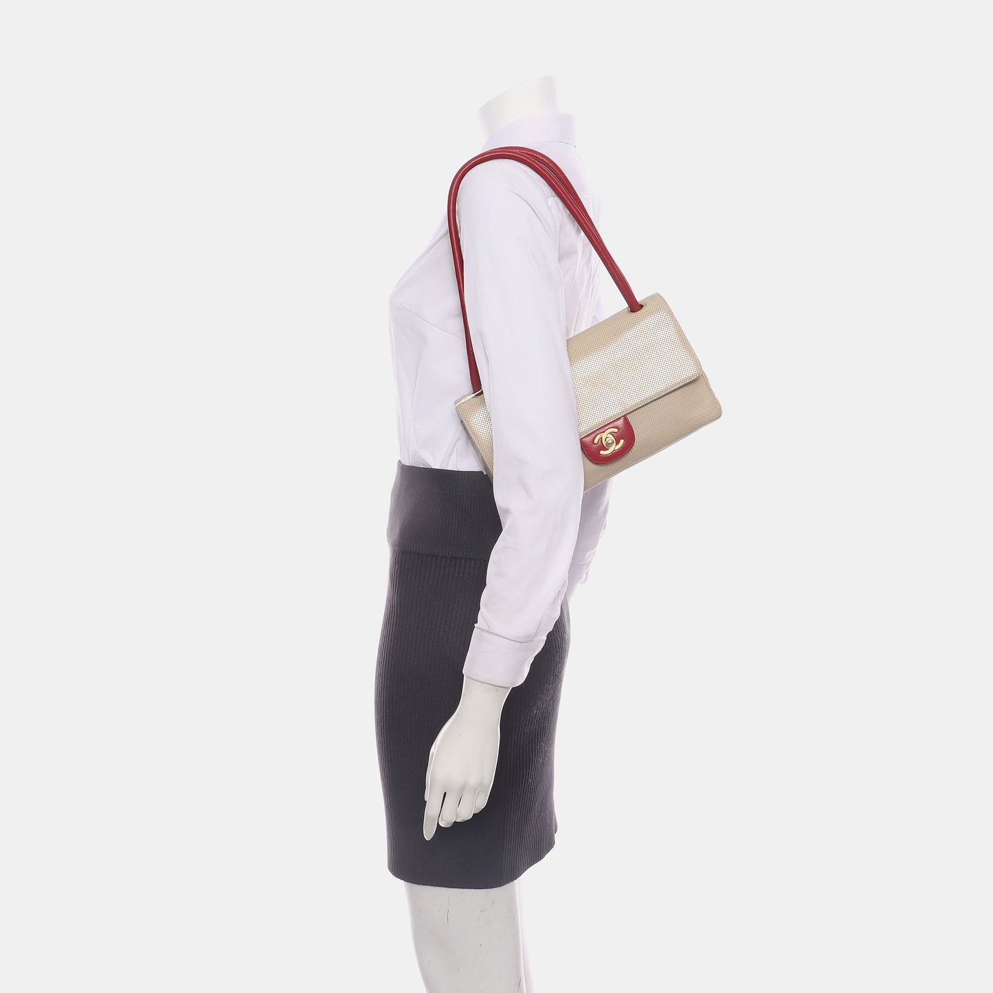Chanel Classic Flap Bi-color Perforated Red Beige Leather Handbag Strap Bag