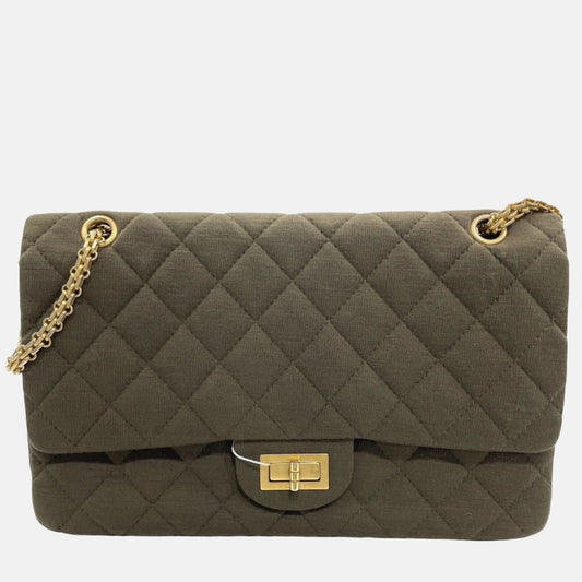 Chanel 2.55 Double Flap Jumbo Khaki Cloth Green Gold Shoulder Bag