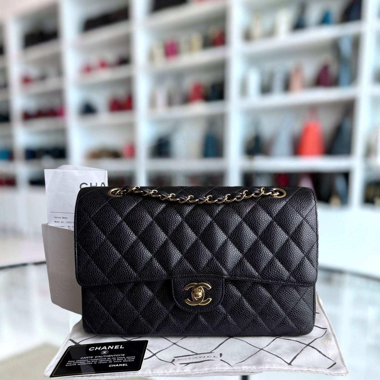 Chanel Classic Flap Medium - Caviar 25CM Quilted Black Gold Hardware Series 19