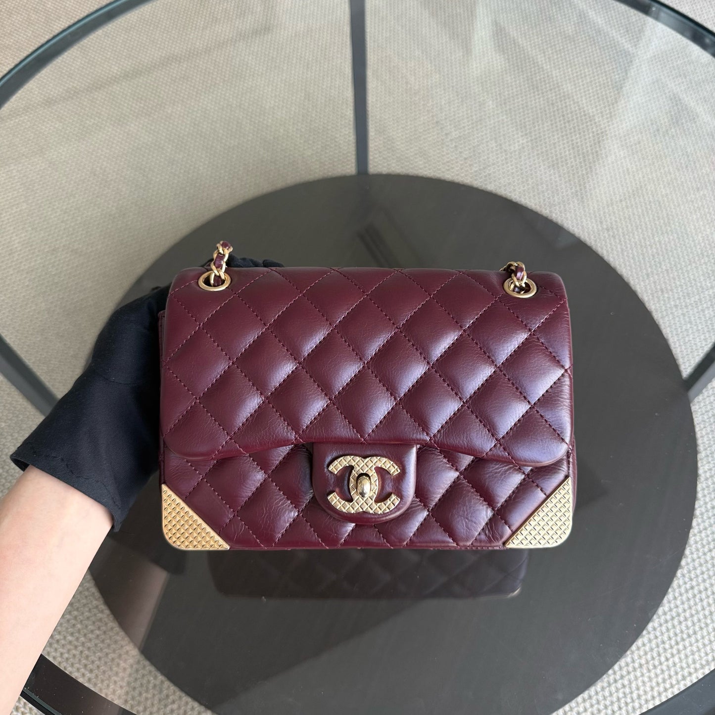 Chanel Classic Flap Rock The Corner - Quilted 20CM Calfskin Dark Burgundy Gold Hardware Series 24