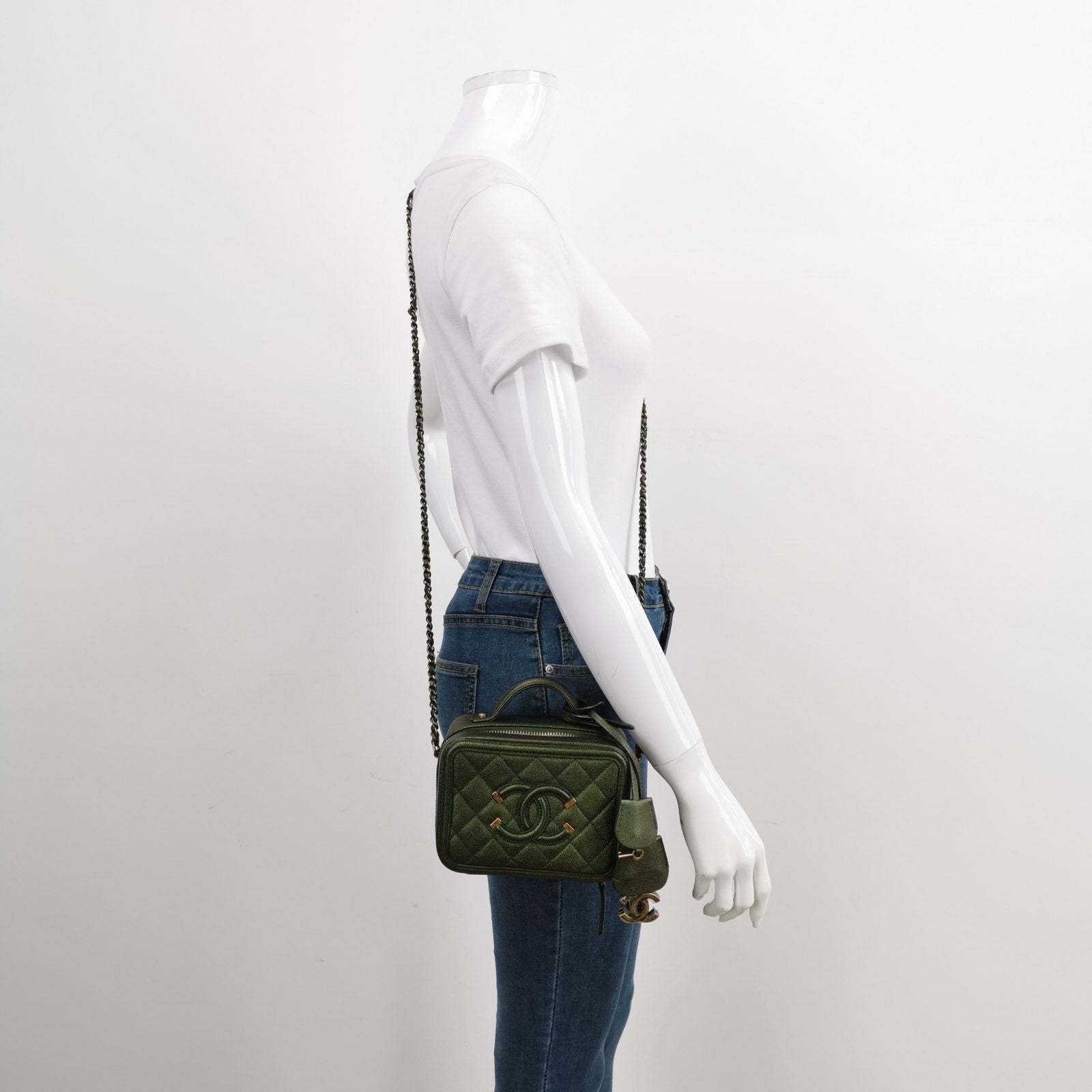 Chanel Filigree Vanity Iridescent Caviar Green Leather Mini Bag