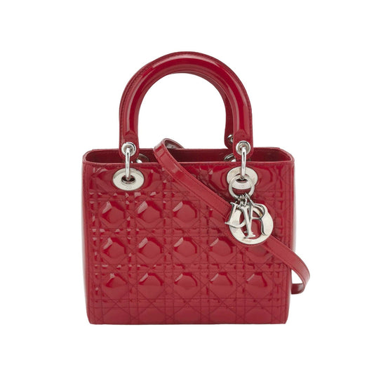 Dior Lady Medium Burgundy Patent Handbag Hardware Leather Red Travel Bag Silver Hardware