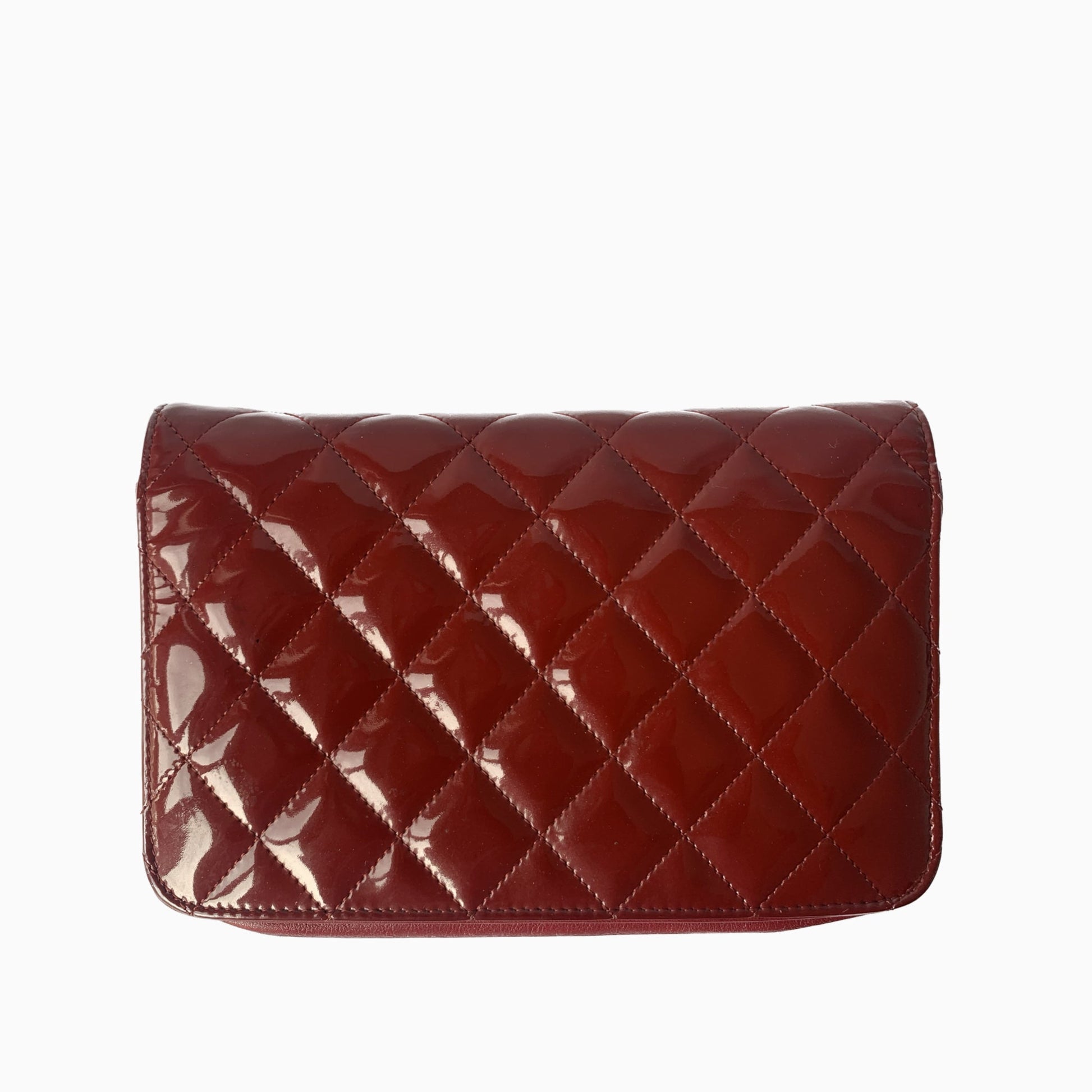 Chanel On Chains WOC Timeless Classic Patent Red Gold Leather Wallet Case