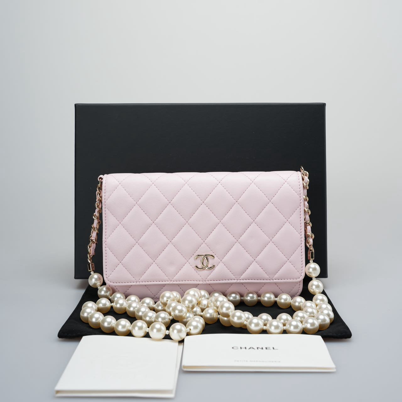 Chanel Pink Quilted Lambskin Pearl Wallet on Chain With Gold Hardware