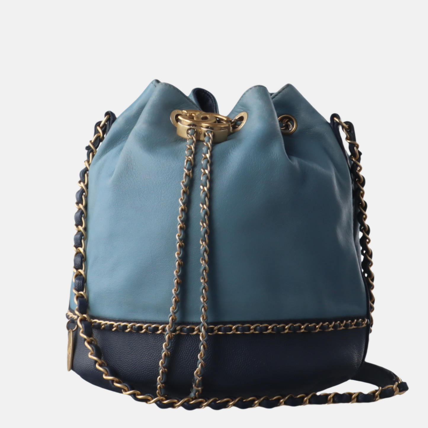 Chanel CC Lovely Chained Bucket Lambskin Navy Gold Leather Bucket Bag