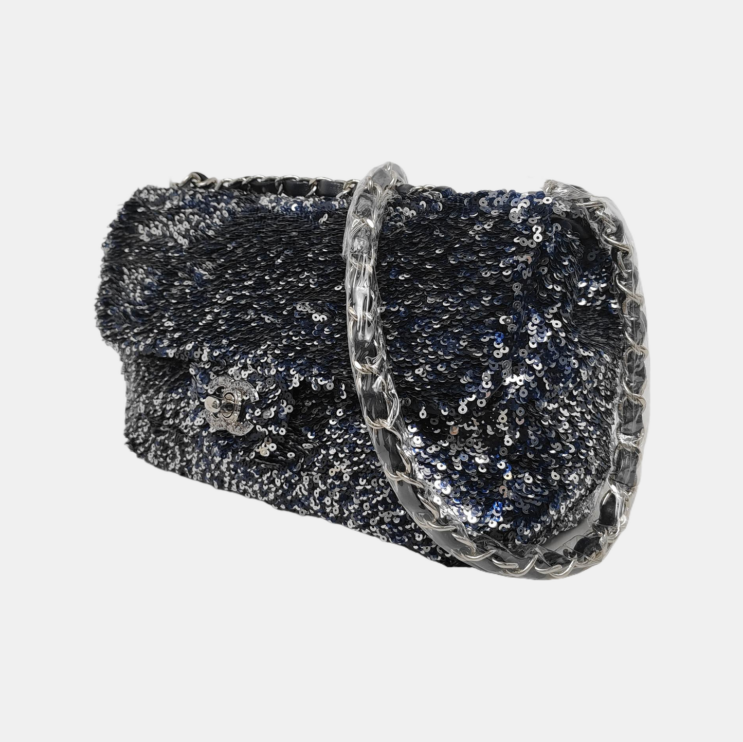 Chanel Paillette Flap Rectangular Glitter Sequins Navy Silver Shoulder Bag