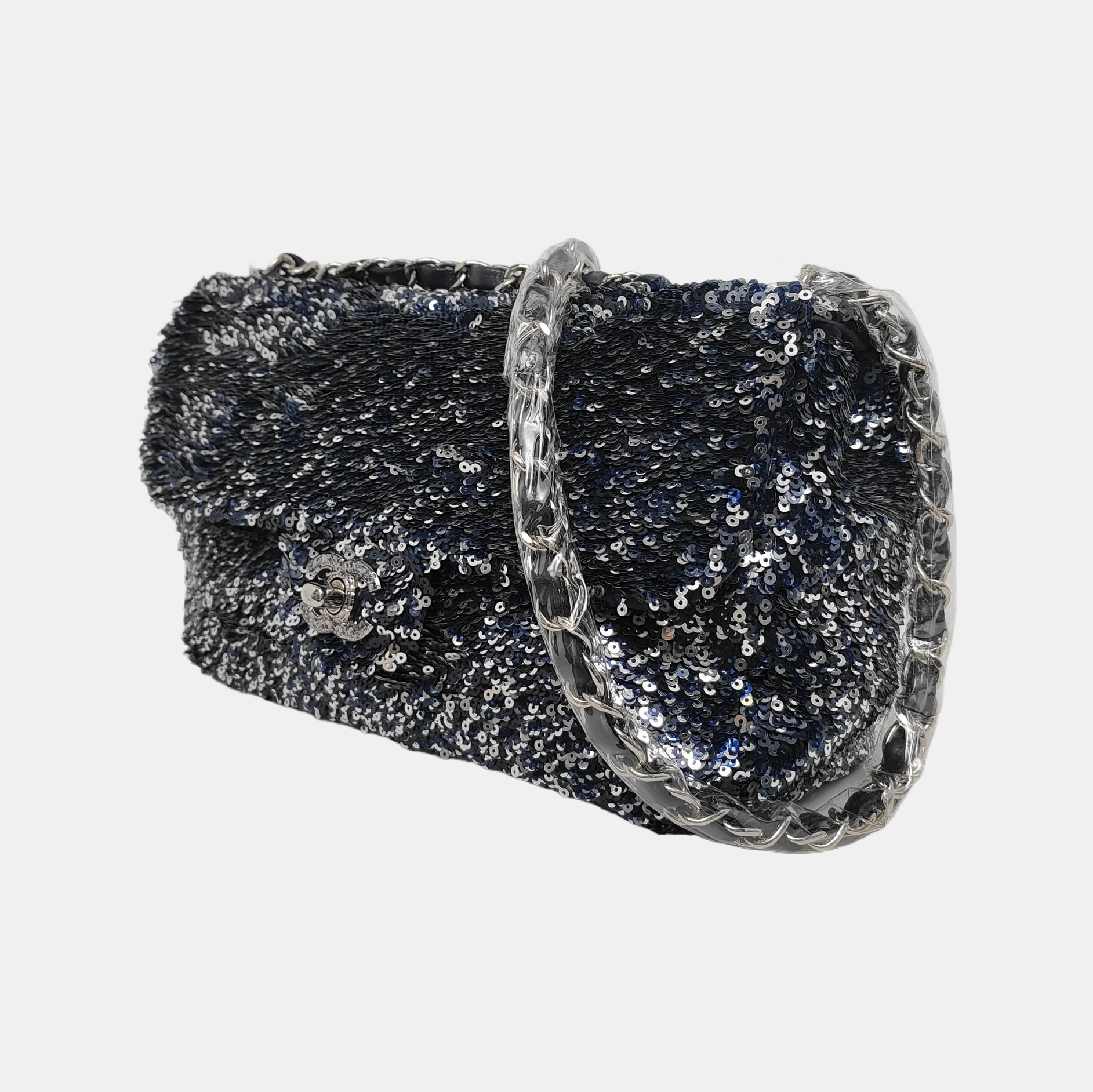 Chanel Paillette Flap Rectangular Glitter Sequins Navy Silver Shoulder Bag