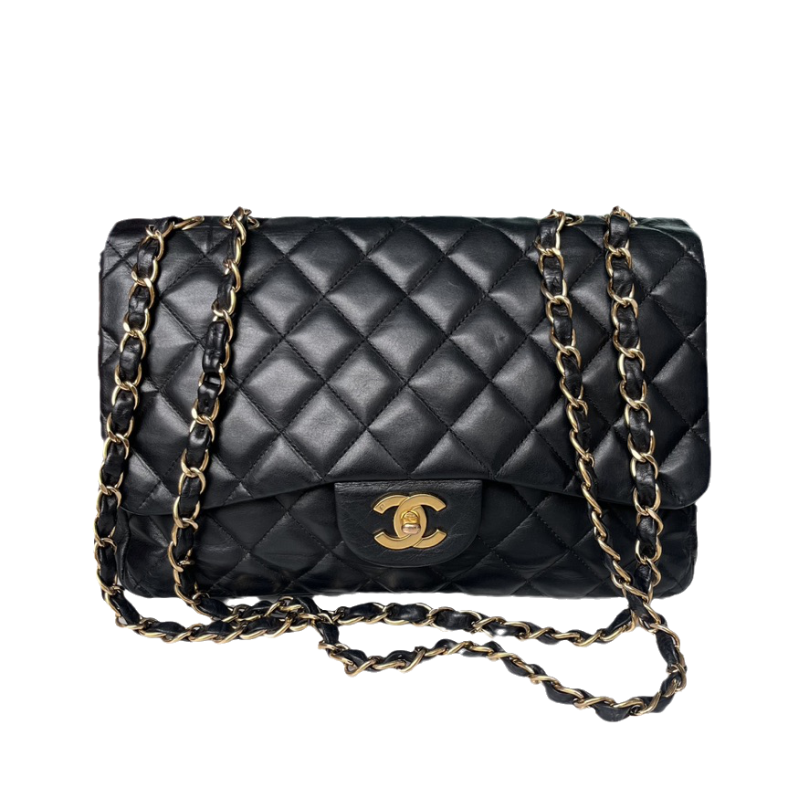 Chanel Classic Flap Jumbo Lambskin 24k Hardware Black Gold Leather Handbag