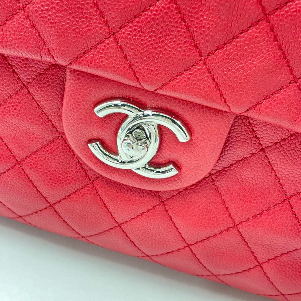 Chanel Classic Flap Maxi Caviar -tone Hardware Red Silver Leather Handbag