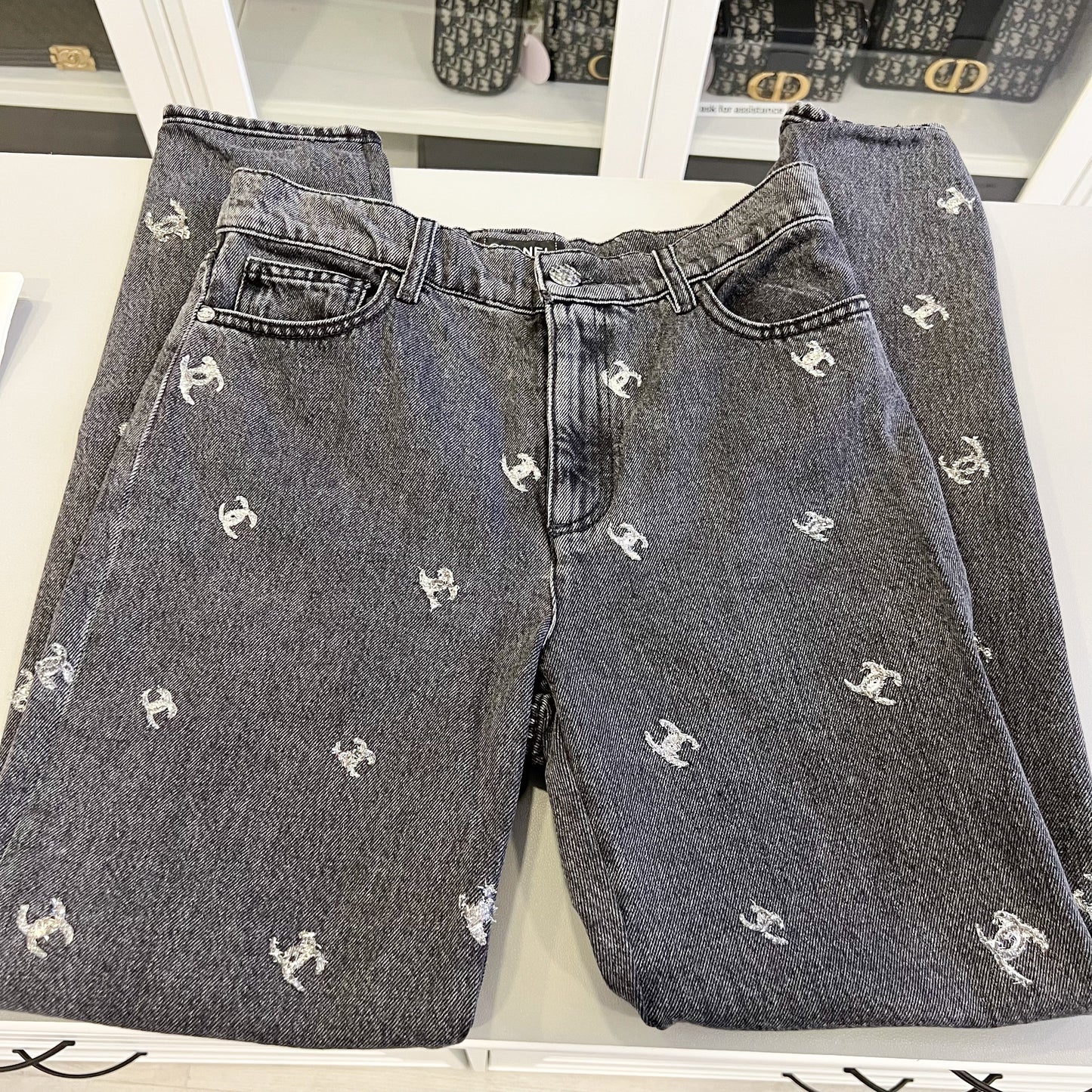 Chanel Black Denim Jeans with Silver Embroidered CC Logo Size 38