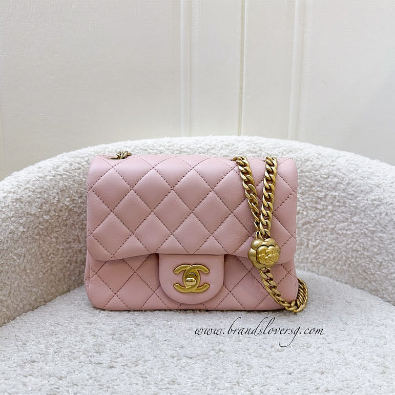Chanel Camellia Crush Adjustable Chain Mini Square Flap in 23S Sakura Pink Stiff Lambskin and Aghw ( ) Handbag