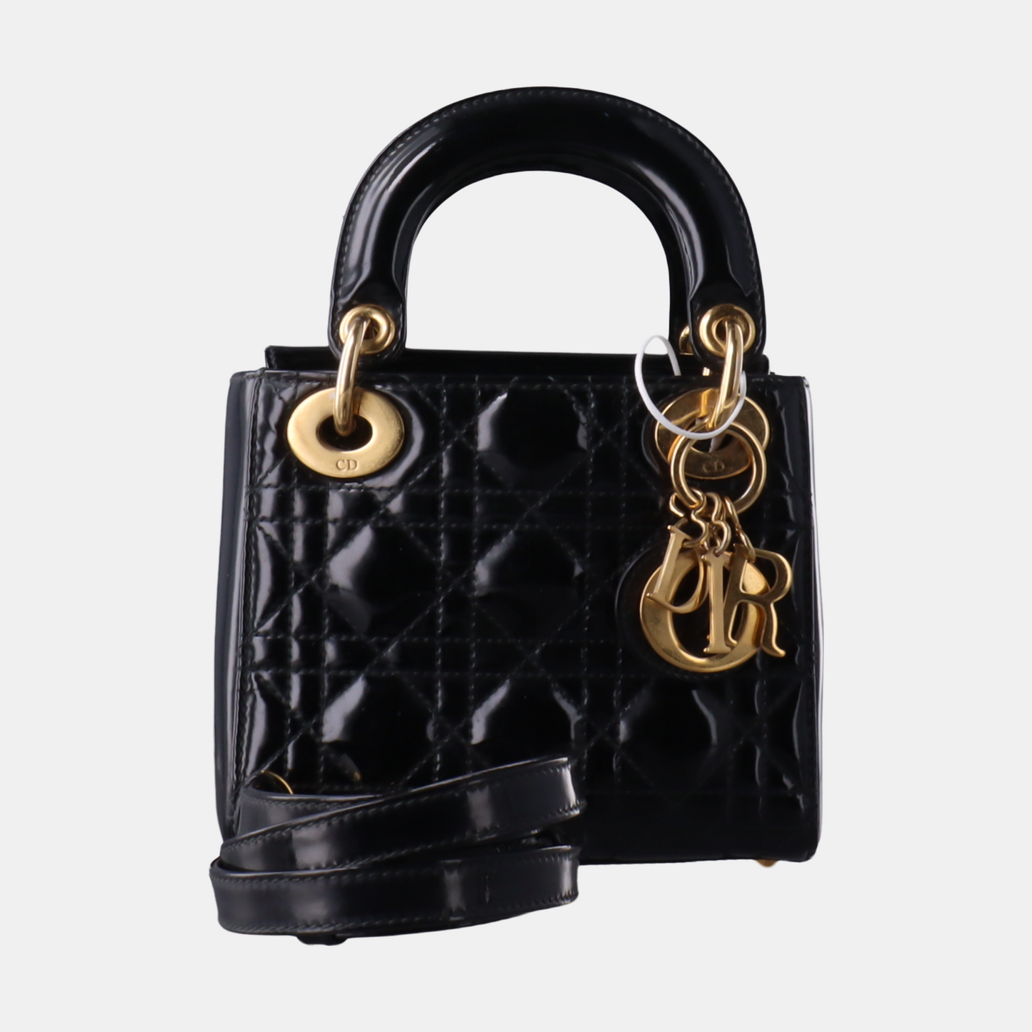Dior Lady Mini Patent Handbag With Hardware Strap Leather Black Travel Bag