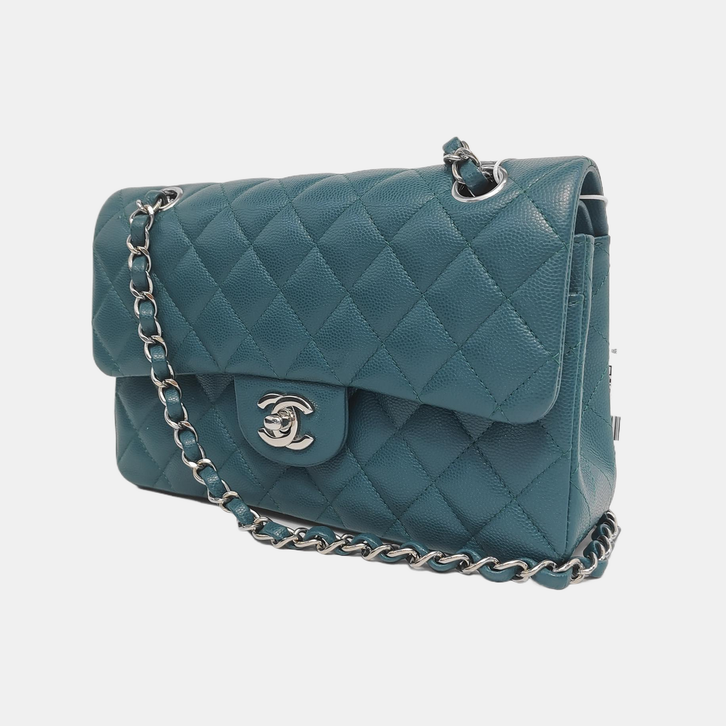 Chanel Classic Flap Teal Caviar Hardware Green Silver Small Leather Handbag