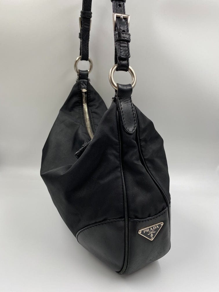 Prada Hobo Nylon Shoulder Bag Black Leather Strap