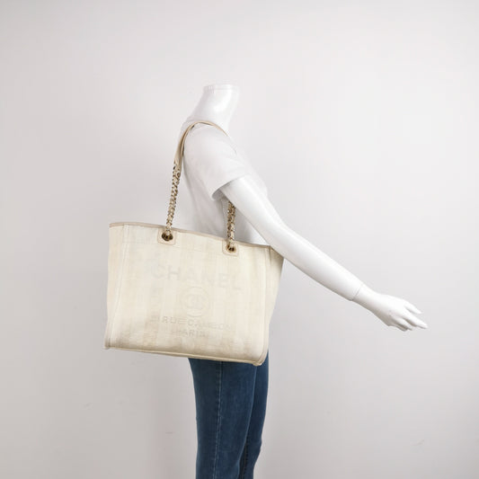 Chanel Deauville Light Stripes Cloth Handle 34cm Beige Small Leather Tote Bag