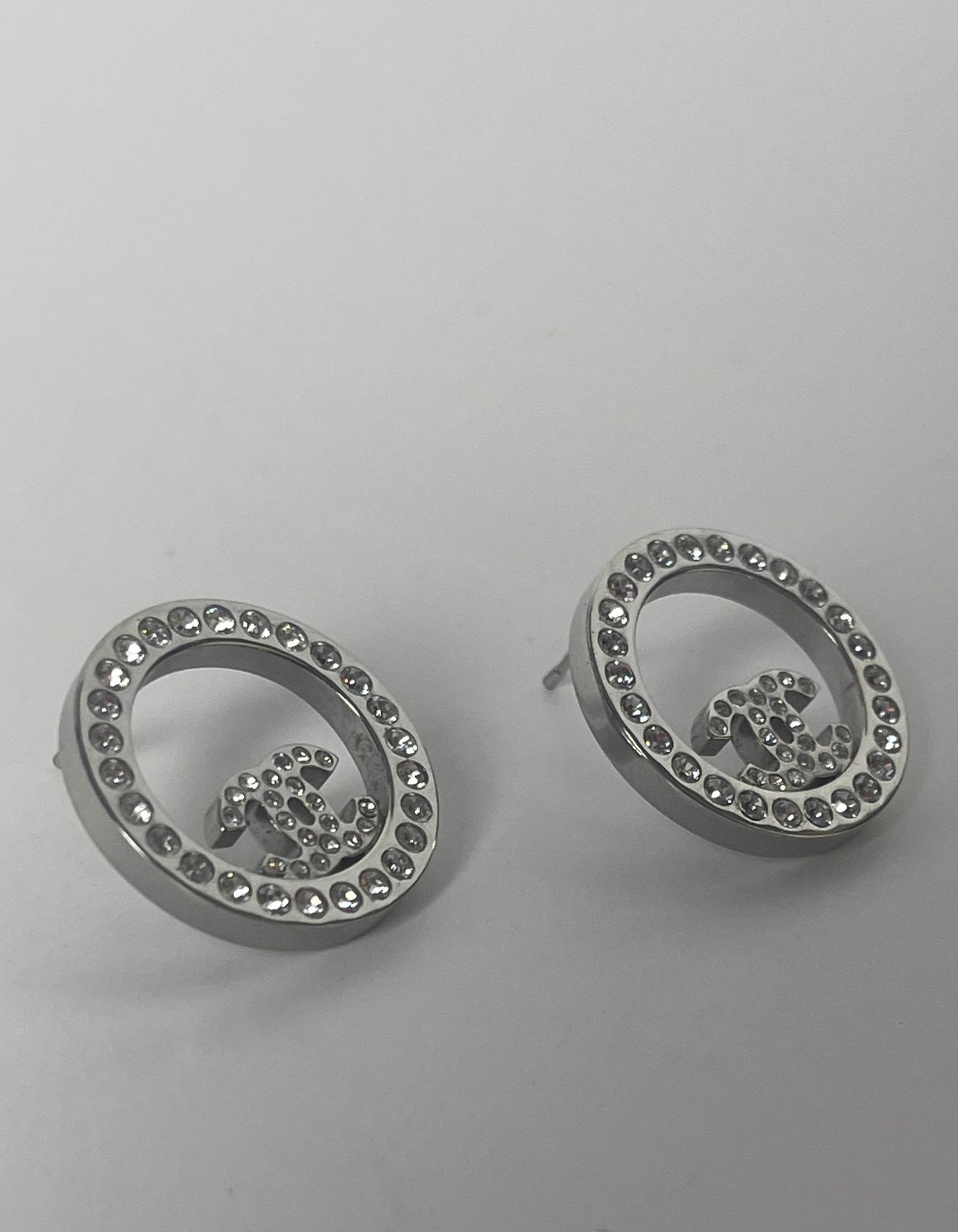 Chanel Silver Crystal Round CC Pierced Earrings