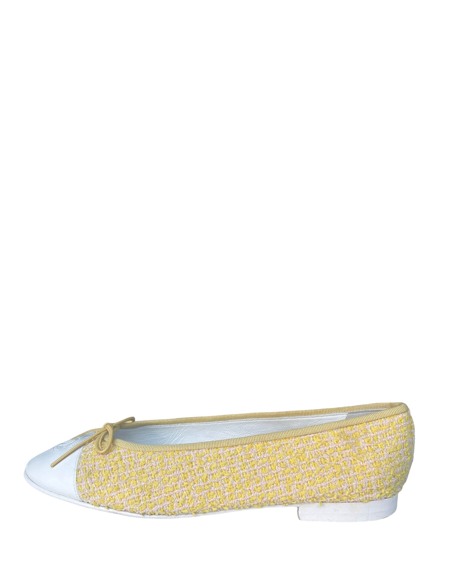Chanel Yellow Tweed/ White Patent Cc Ballerina Flats Sz 39 Women Shoes