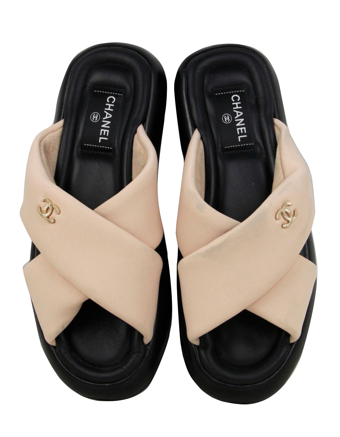Chanel Nude/ Black Criss-Cross Cc Logo Slides Sz 39 Women Shoes
