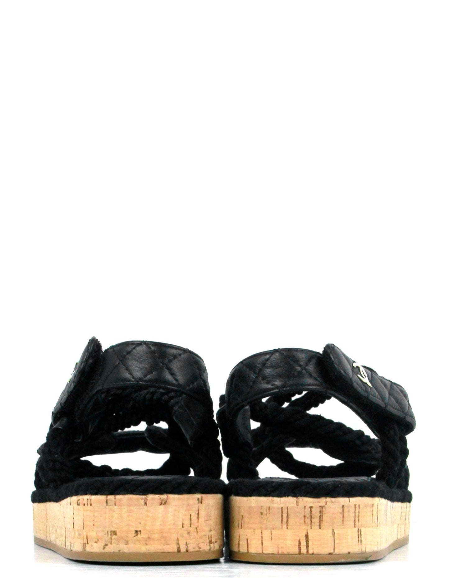 Chanel Black Cord Lambskin Quilted Logo Sandals sz 39