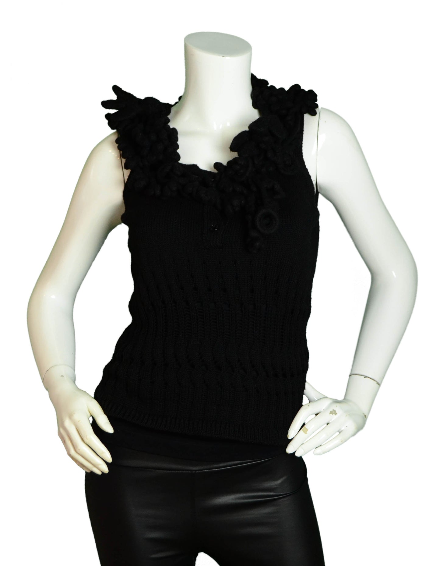 Chanel Black Knit Sleeveless Top W/Chunky Crochet Trim Bag