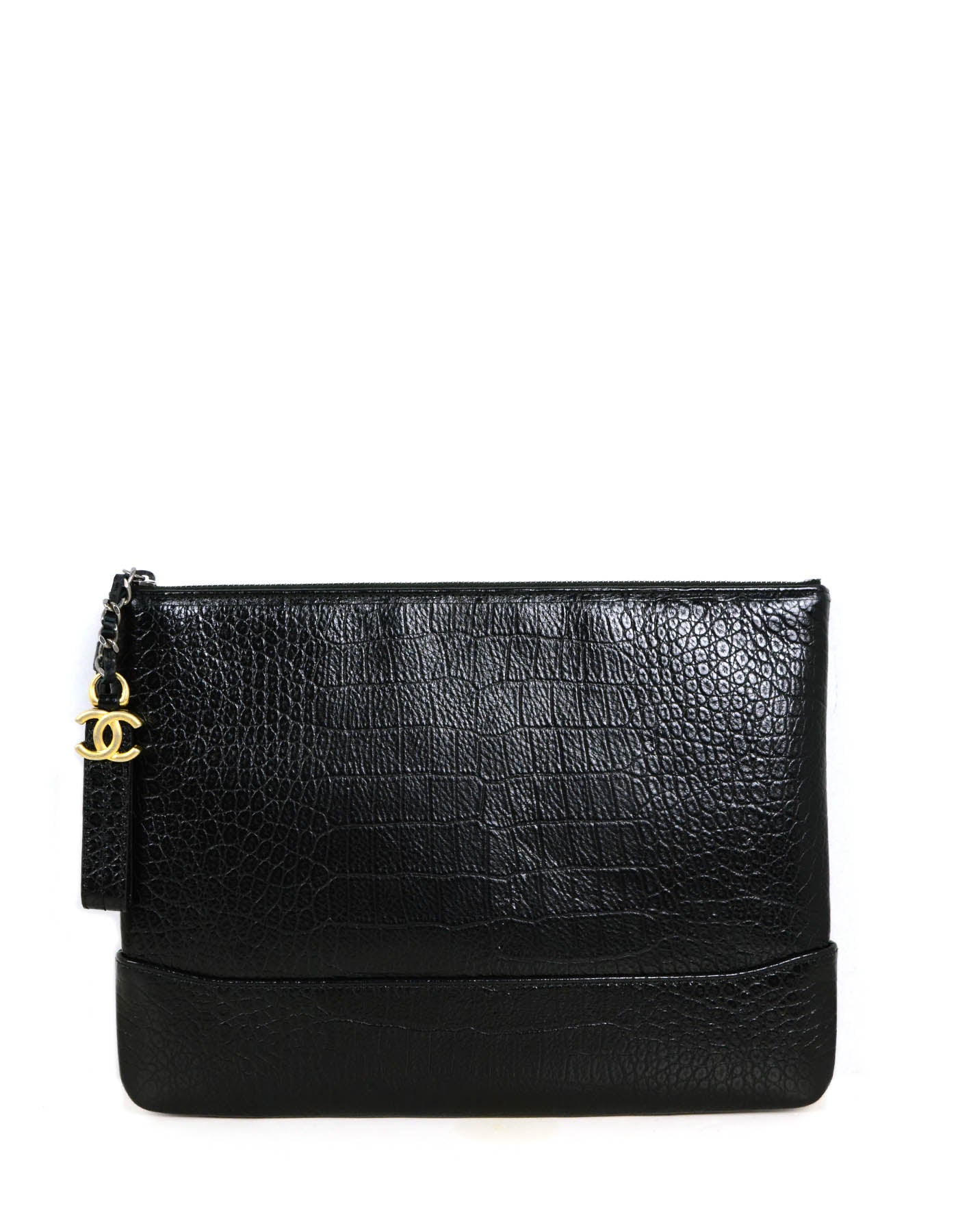 Chanel New Black Crocodile Embossed Gabrielle Wristlet Bag