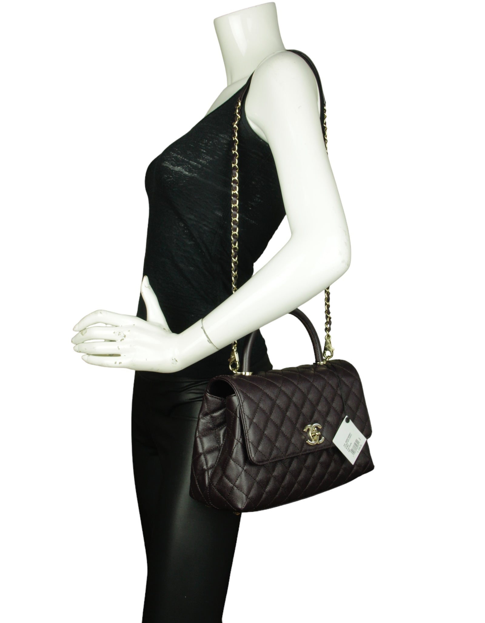 9CHANEL Brown Caviar Leather Quilted Small Coco Handle Flap Bag 100