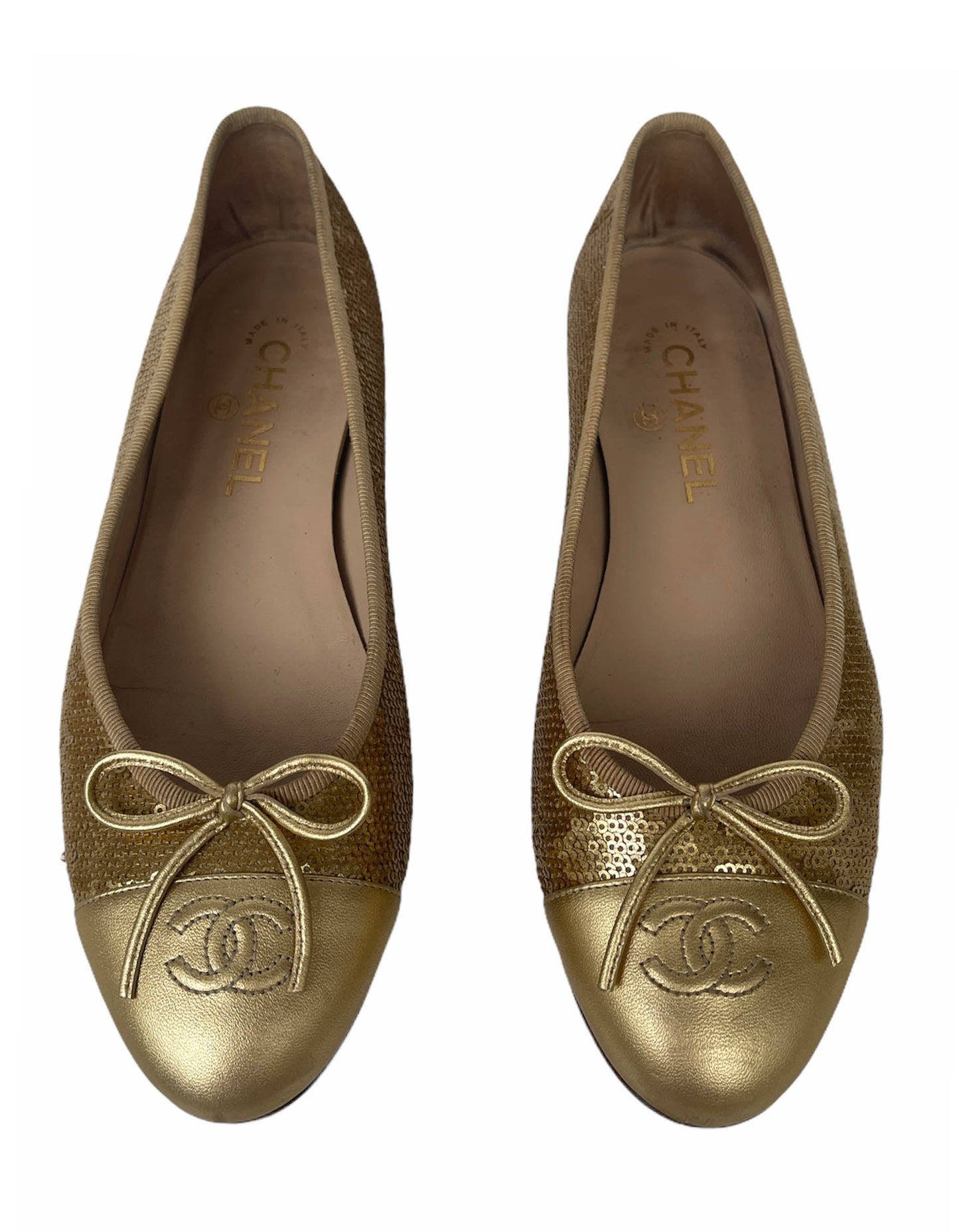 Chanel Gold Sequin Cap Toe Ballerina Flats sz 39.5