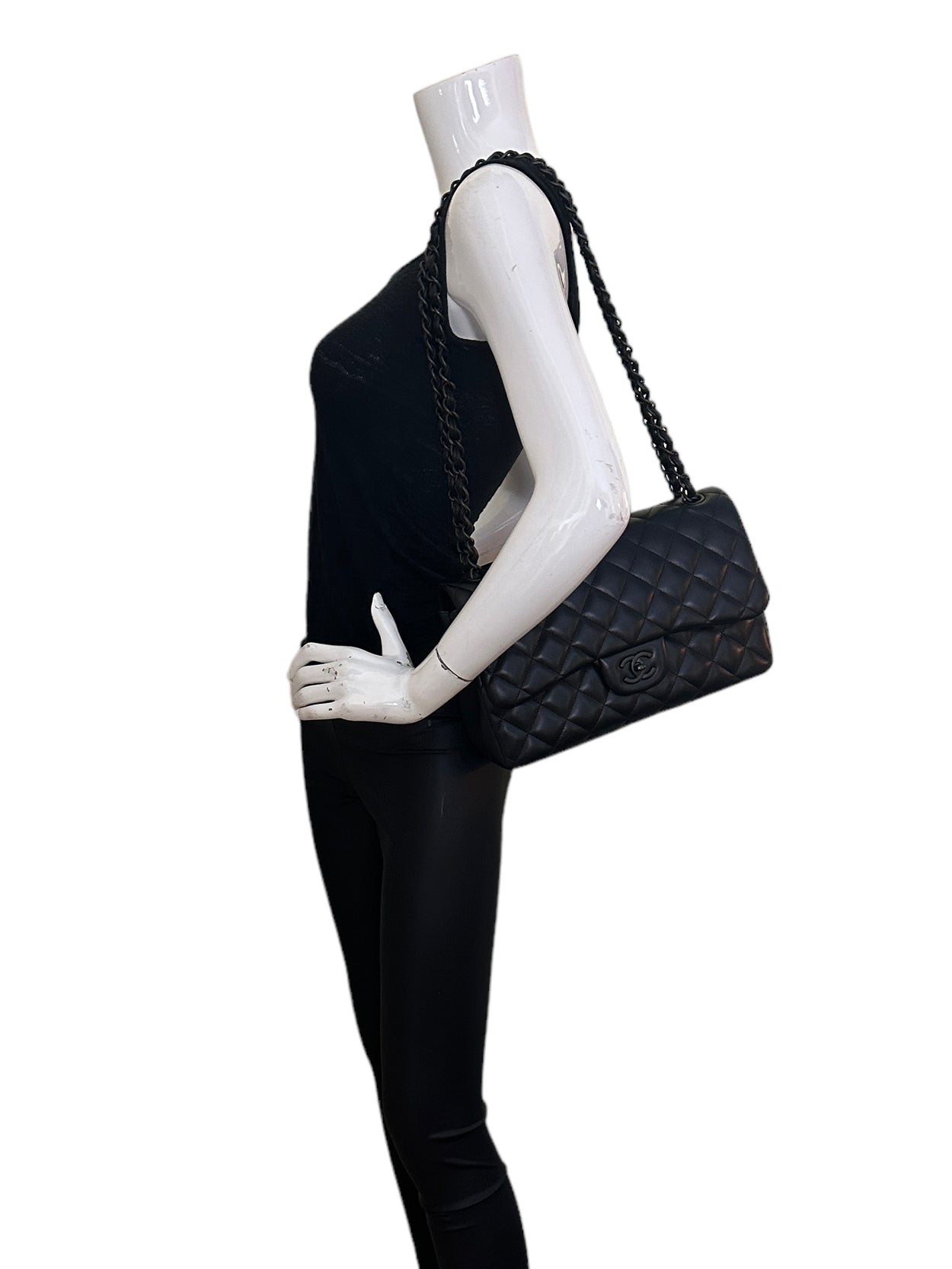 Chanel So Black Lambskin Leather Quilted Classic Double Flap Jumbo Women Shoes