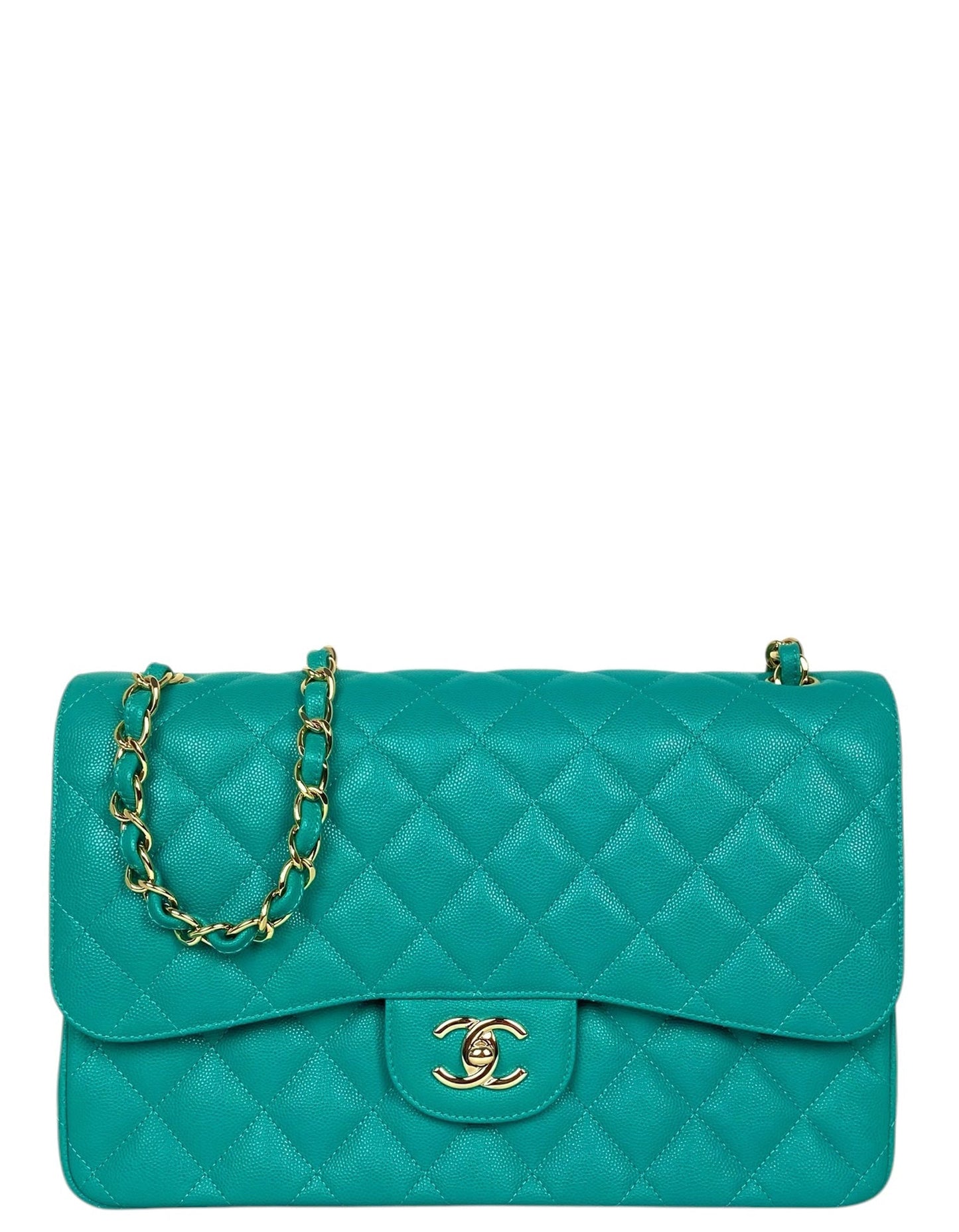 Chanel Turquoise Caviar Quilted Double Flap Jumbo Bag