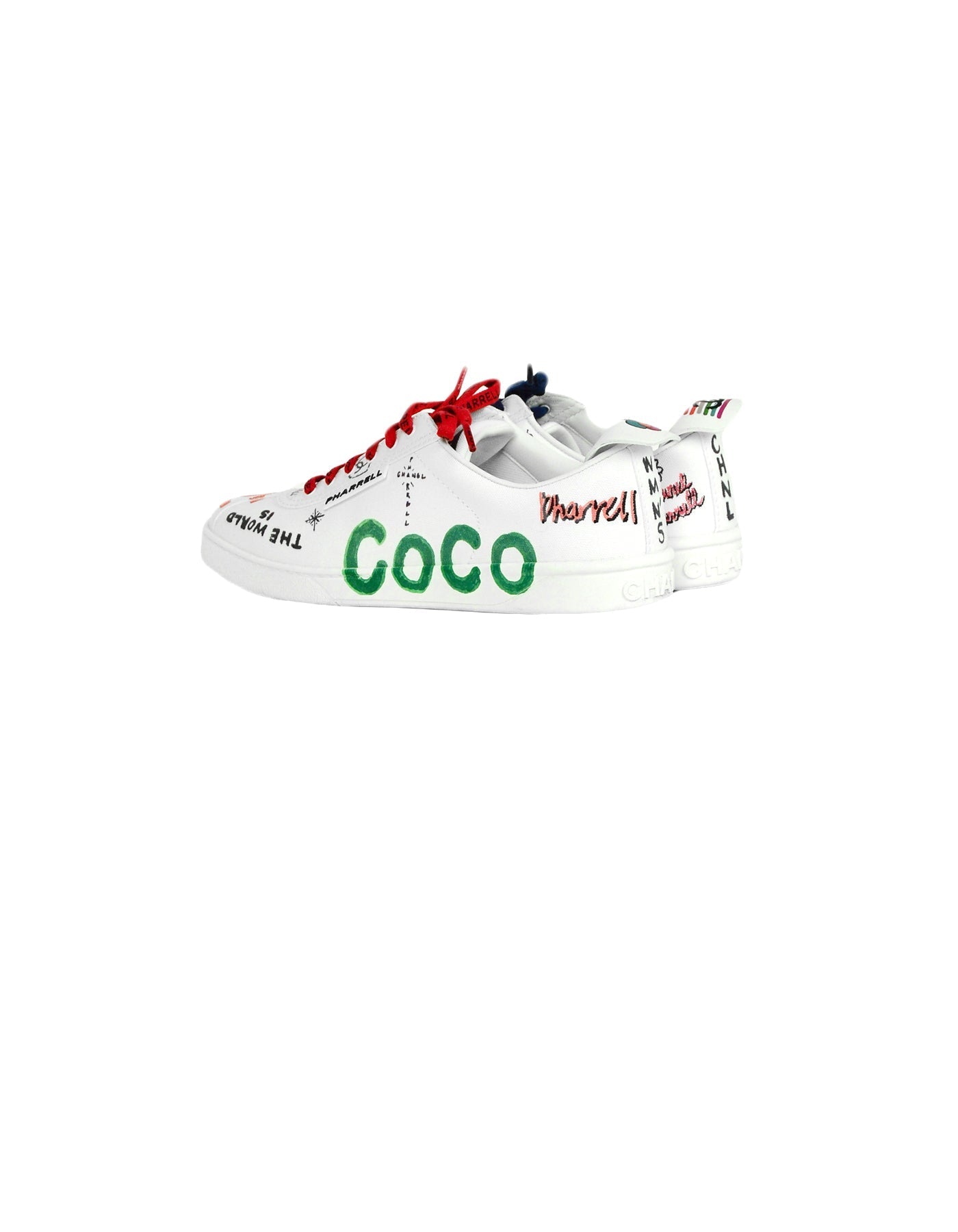 Chanel White Canvas & Calfskin Leather Pharrell Williams Graffiti Sneakers Sz 39