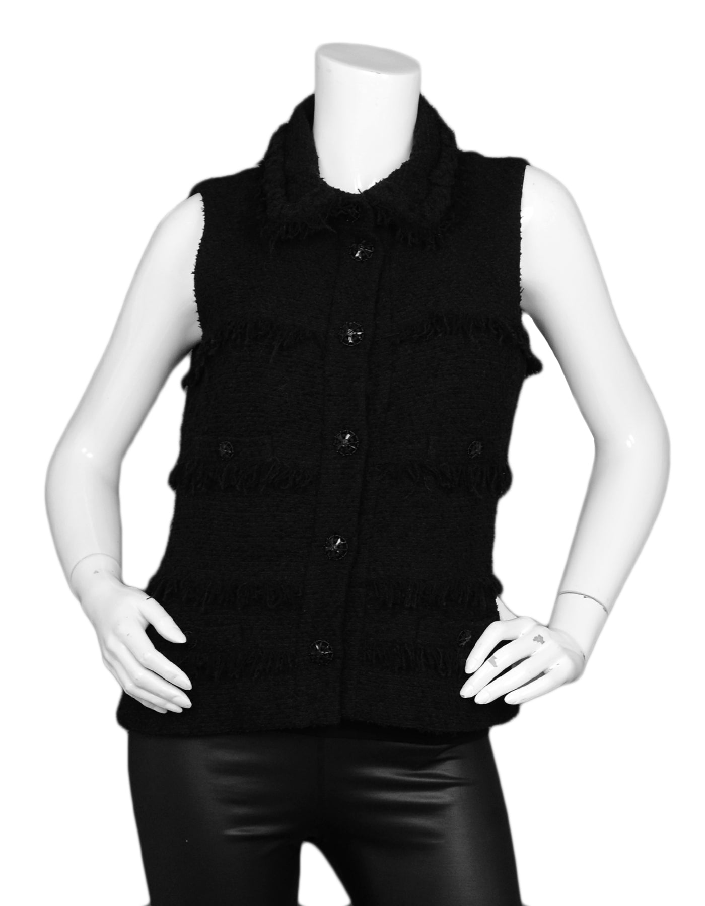Chanel Black Wool Boucle Vest W/ Fringe Sz 38 Bag