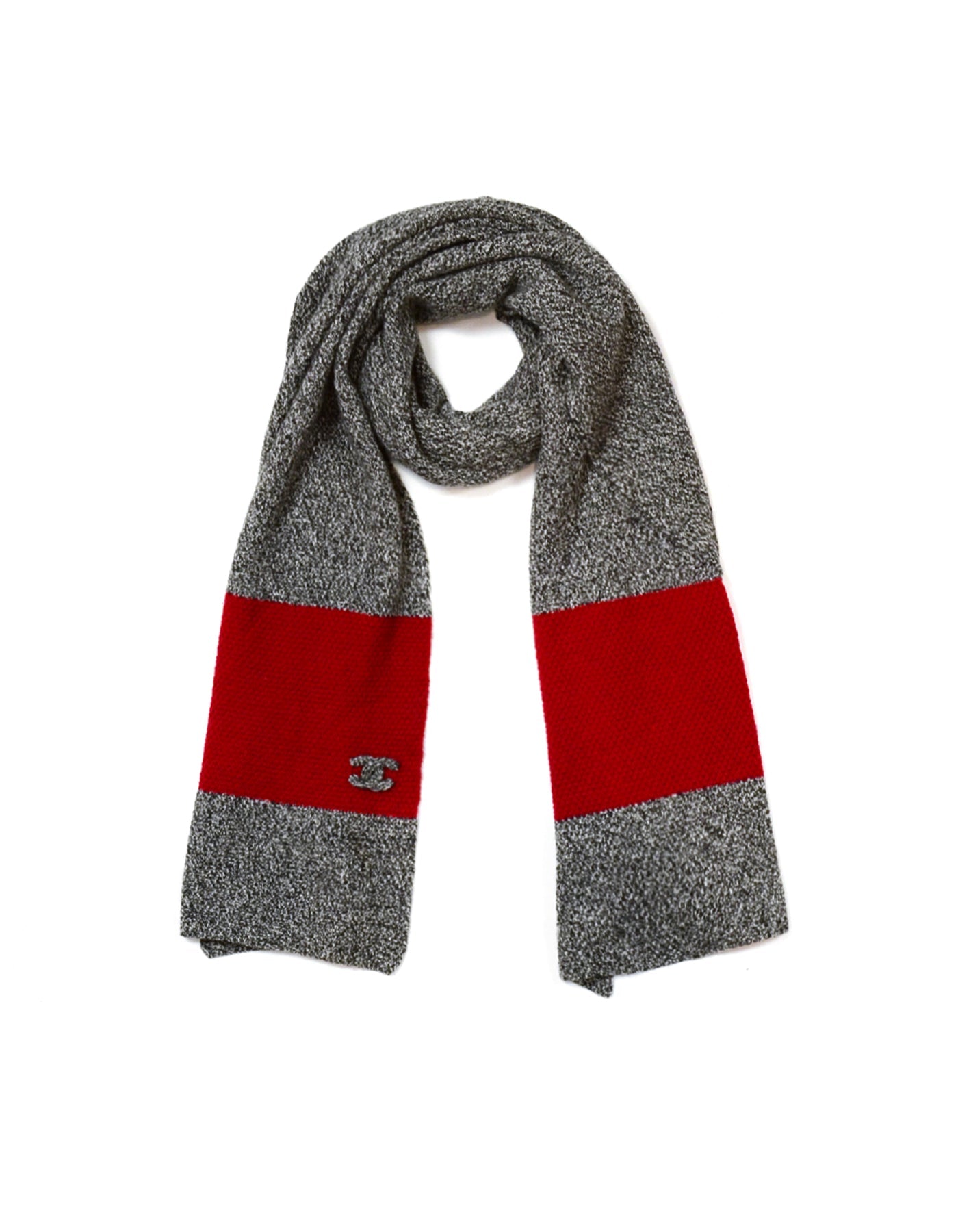 Chanel Black & White Cashmere W/ Red Trim Knit 88" Scarf W/ Puffy CC Detail Handbag