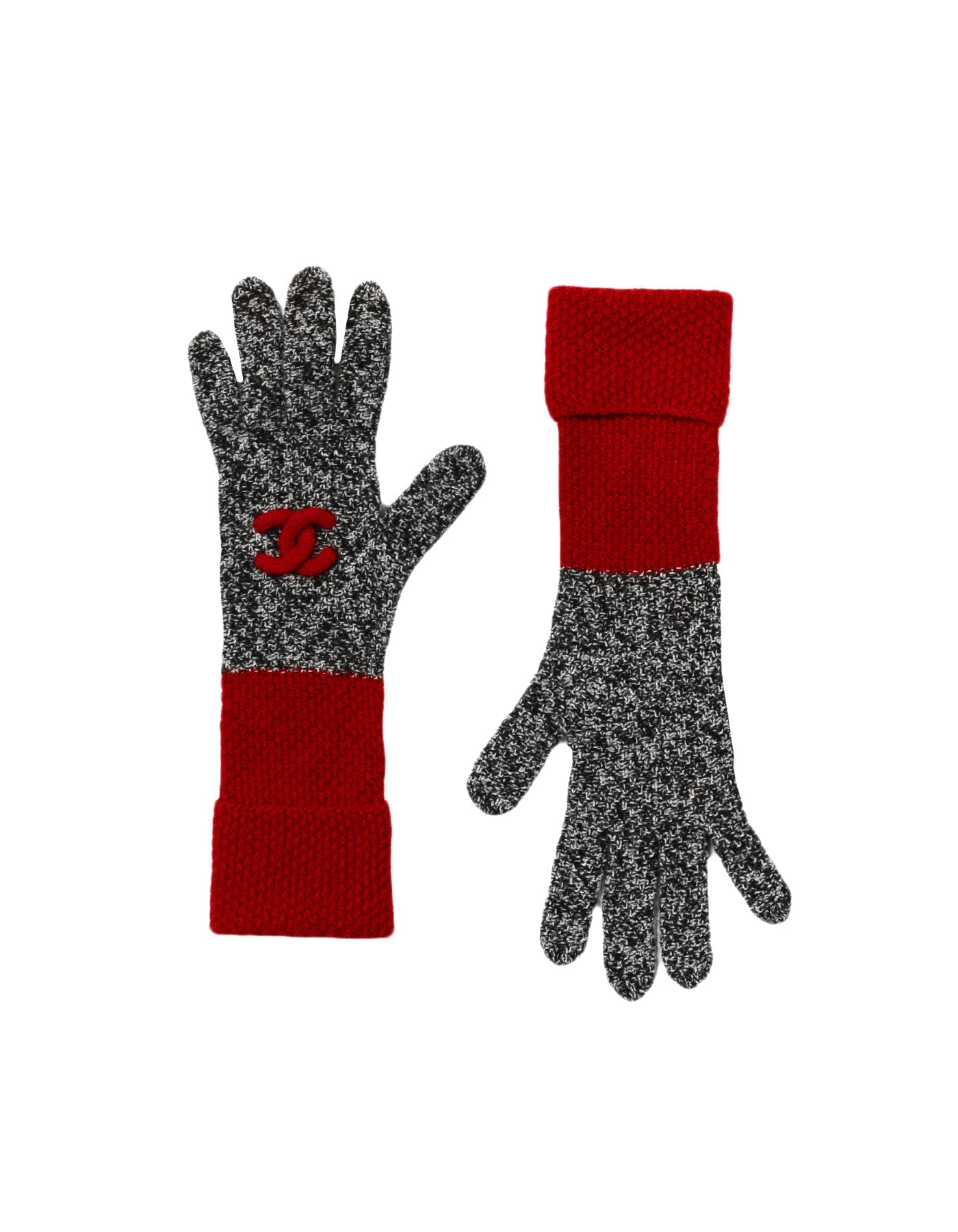 Chanel Black & White Cashmere w/ Red Trim Knit Gloves with Puffy CC Detail sz S/M